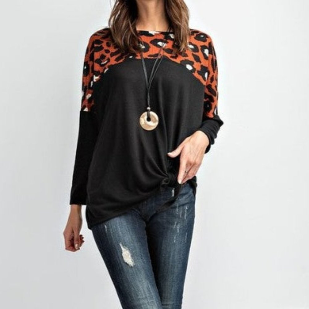 Contrast Animal Print Waffle Top with Waist Knot